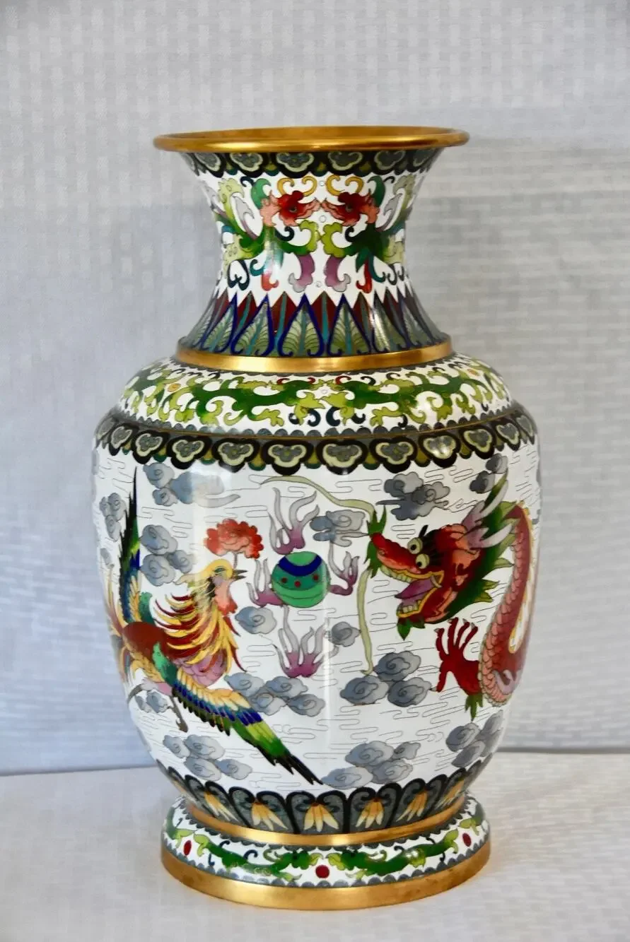 1950s Chinese Bronze Cloisonné Vase With Dragons and Phoenix